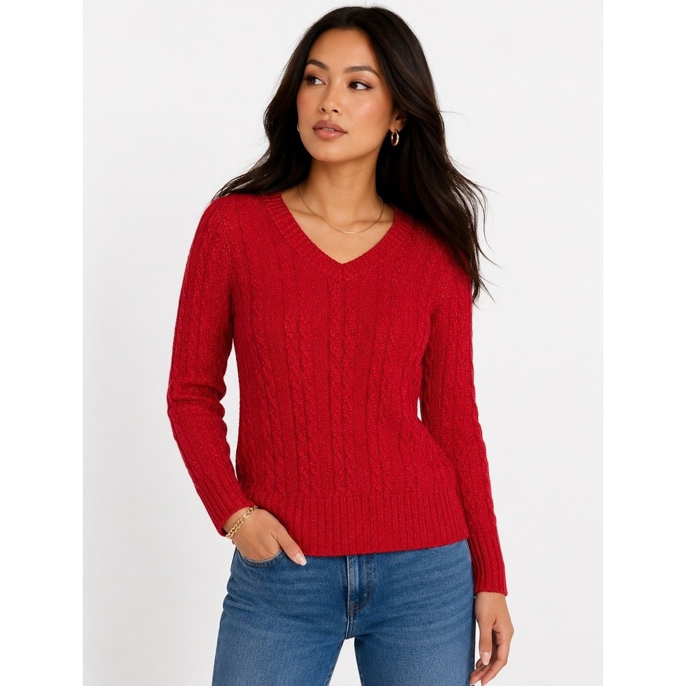 Style & Co Women Red Metallic Cable Knit V-Neck Sweater PP NWT